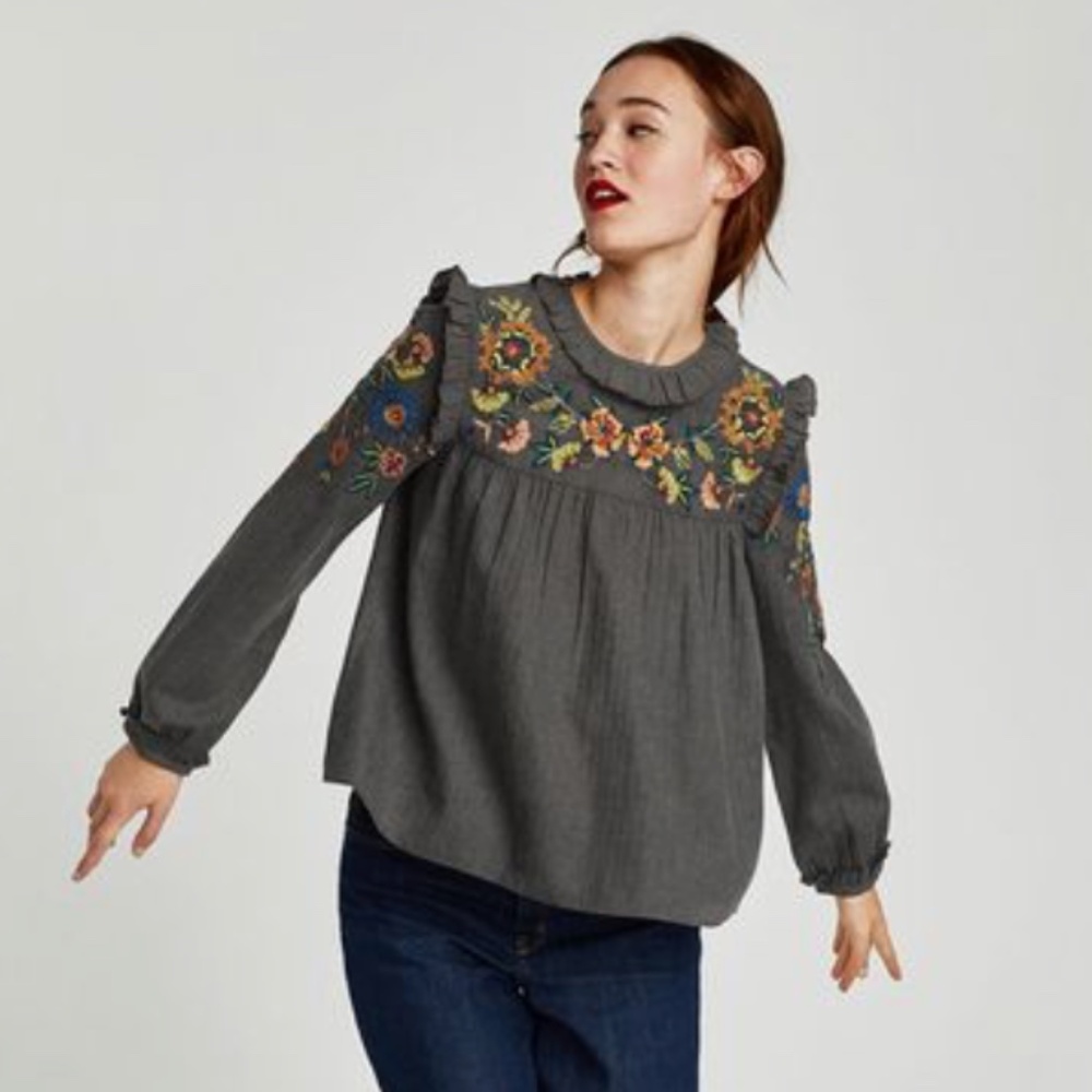 Zara Trafaluc Embroidered & Beaded Long Sleeve Grey Blouse, Size Large